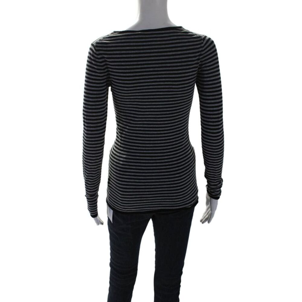Minnie Rose Womens Cotton Long Sleeve Striped T shirt Gray Black Size XS - Picture 3 of 6